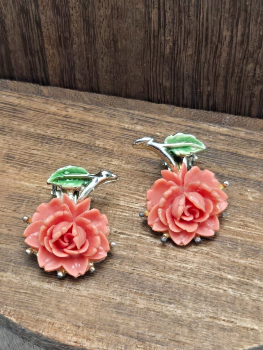 60's Celluloid Coral Color Rose Earrings Clip-On Gold Tone Enamel Stud Fashion